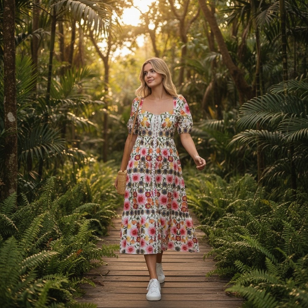 Borgo de Nor Floral Midi Dress Size 8  Excellent Full Button Front Short Sleeve